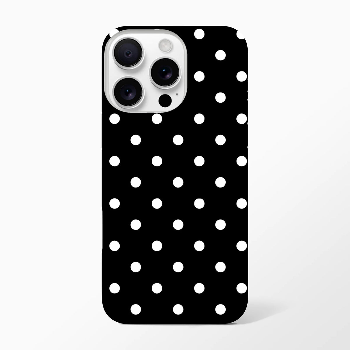 Black and white polka dot iPhone case with tough dual-layer protection and shock-absorbing TPU core for impact resistance.