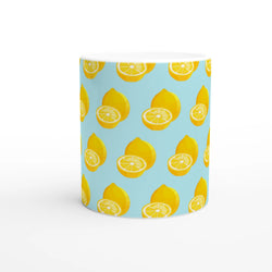 Pastel blue ceramic mug featuring a repeating pattern of yellow lemons and lemon slices for summer coffee or tea.