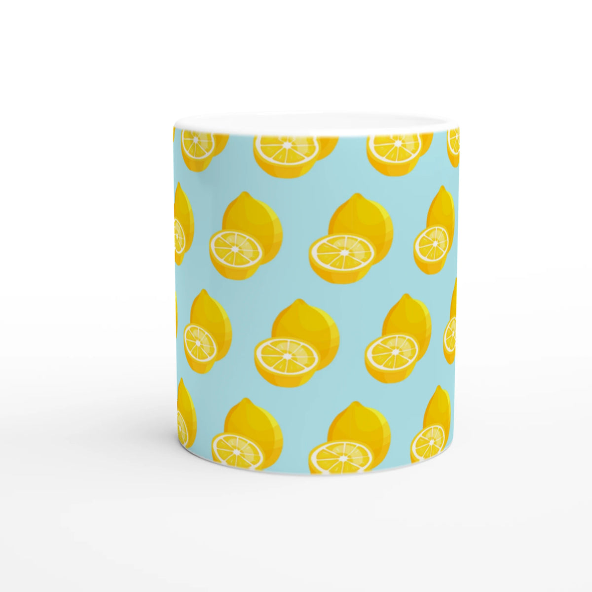 Pastel blue ceramic mug featuring a repeating pattern of yellow lemons and lemon slices for summer coffee or tea.