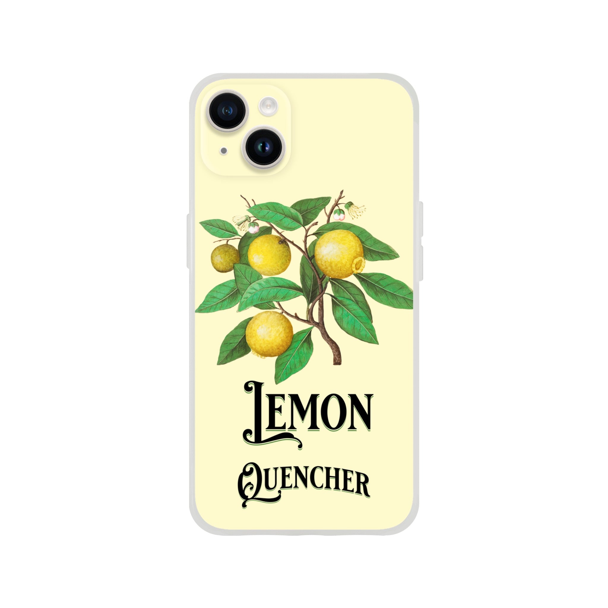 Lemon branch illustration on pale yellow iPhone case with Lemon Quencher typography.