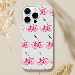 Glitter pink cherry pattern tough protective phone case for iPhone 16-13 with dual-layer wraparound print