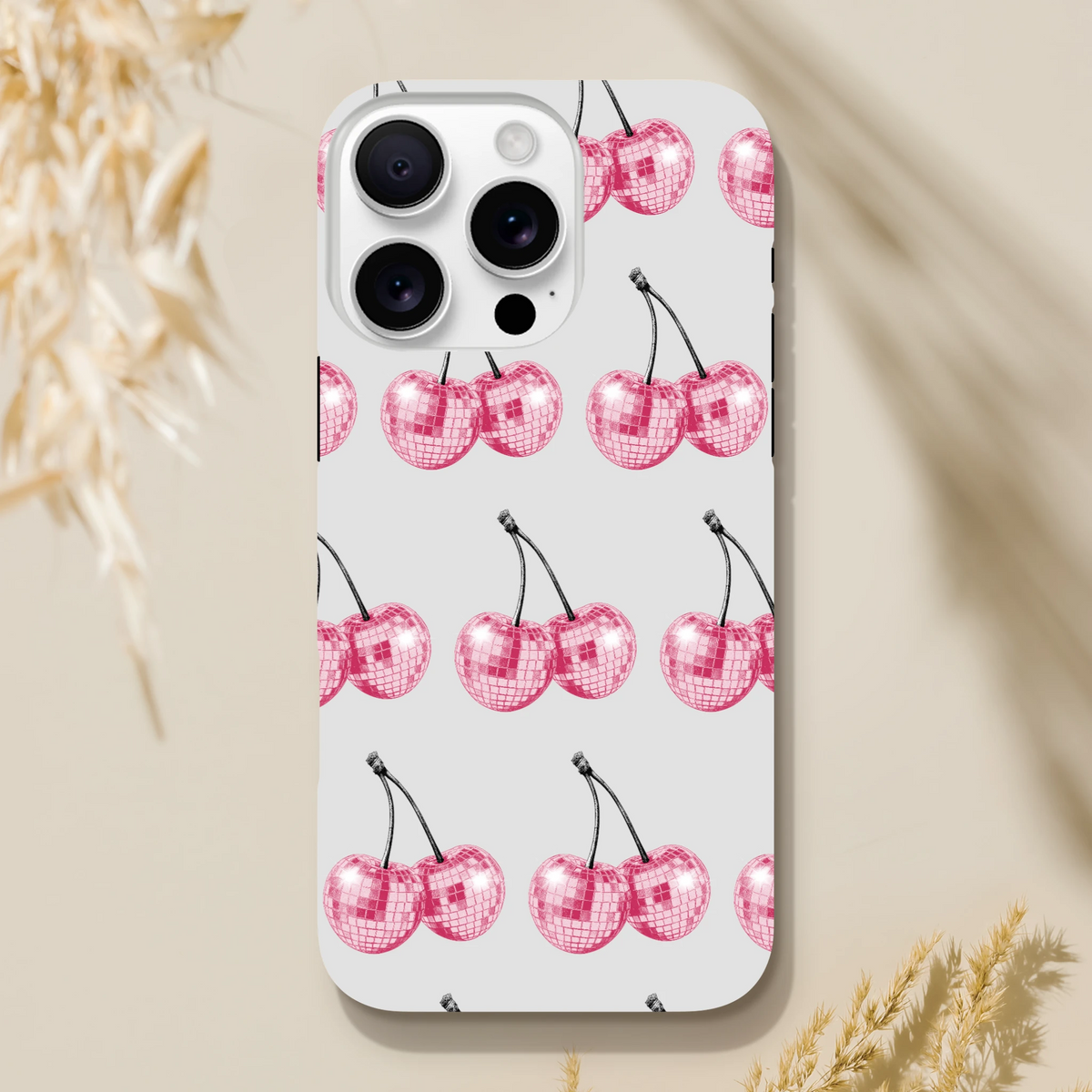 Glitter pink cherry pattern tough protective phone case for iPhone 16-13 with dual-layer wraparound print