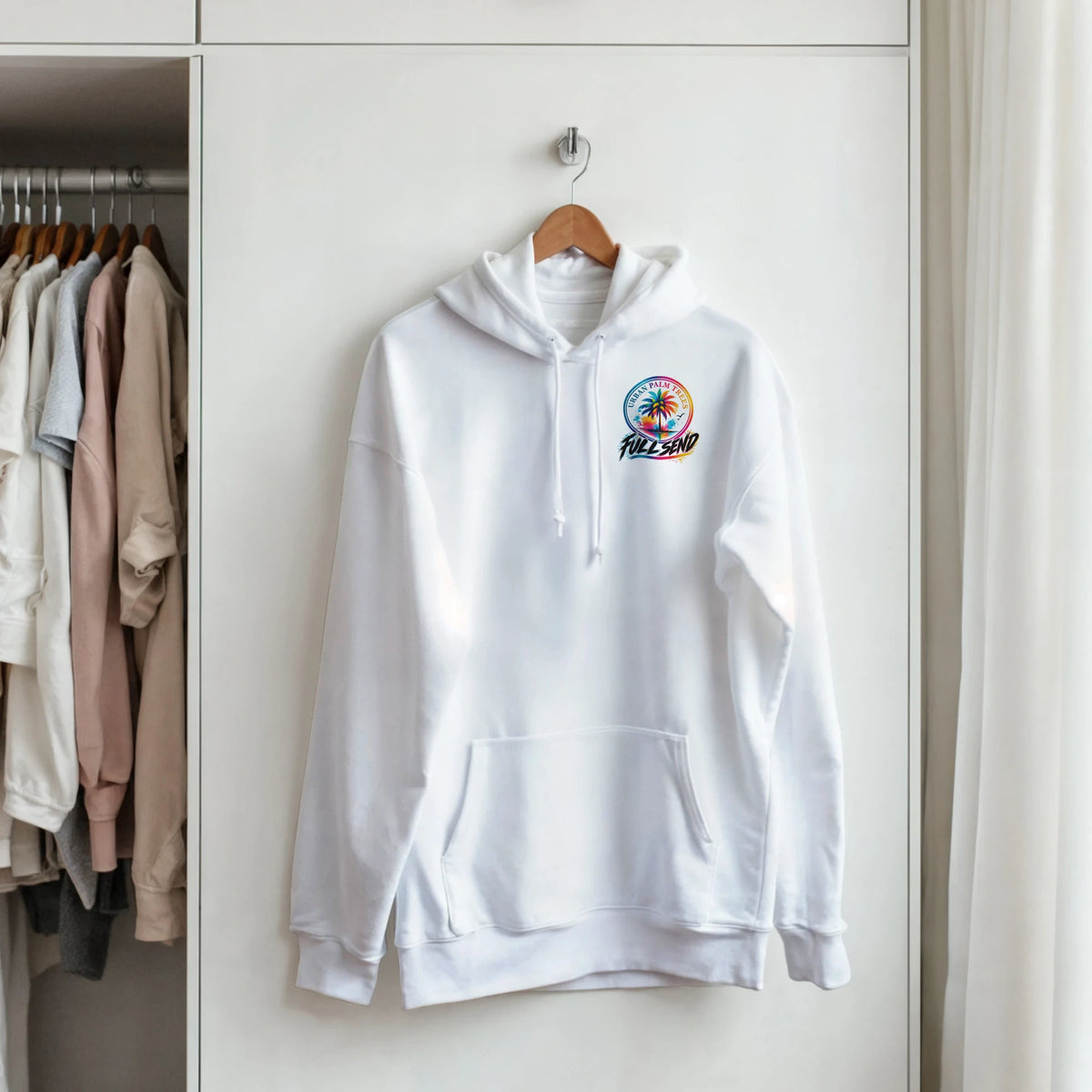 White petrohead streetwear hoodie featuring a colorful Urban Palm Trees Full Send graphic on the chest pocket.