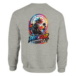 Grey sweatshirt featuring a colorful graphic of a manual shifter, palm trees, and "Drop A Gear" text for car culture enthusiasts.