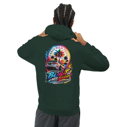 Back view of a dark green hoodie featuring a colorful graphic of a modified car, palm trees, and "Built Not Bought" text.