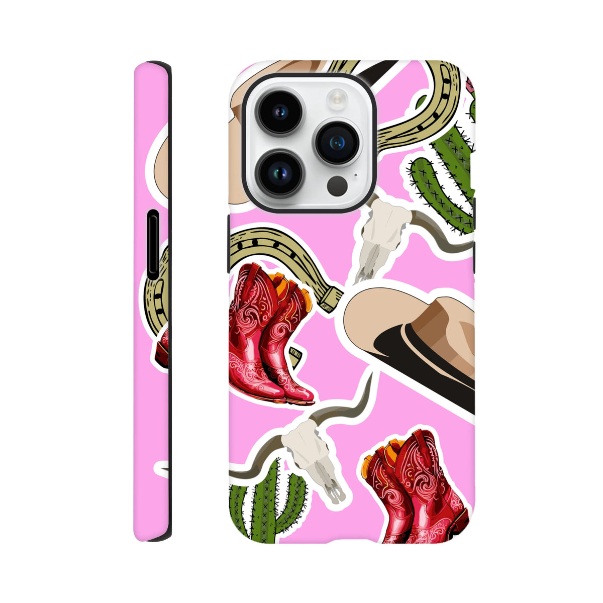 Pink western iPhone case featuring red cowboy boots, cactus, horseshoe, and longhorn skull designs on a vibrant pink background.