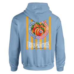 Back of blue hoodie featuring retro striped peach graphic print surrounded by Urban Palm Trees circle text and Manchester United Kingdom details.