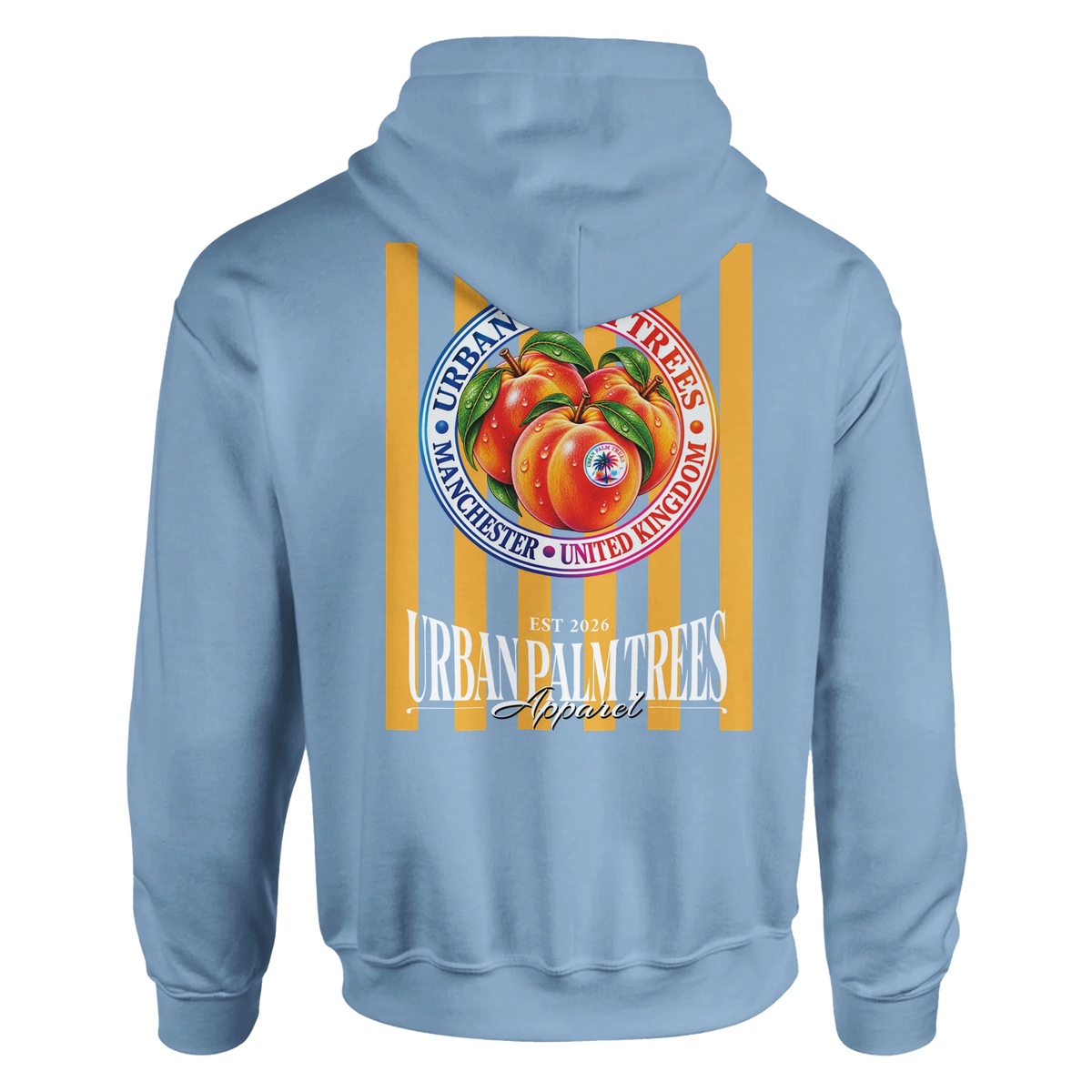 Back of blue hoodie featuring retro striped peach graphic print surrounded by Urban Palm Trees circle text and Manchester United Kingdom details.