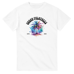 Urban Palm Trees T-shirt for Women with colorful palm tree artwork, retro streetwear summer vibe.