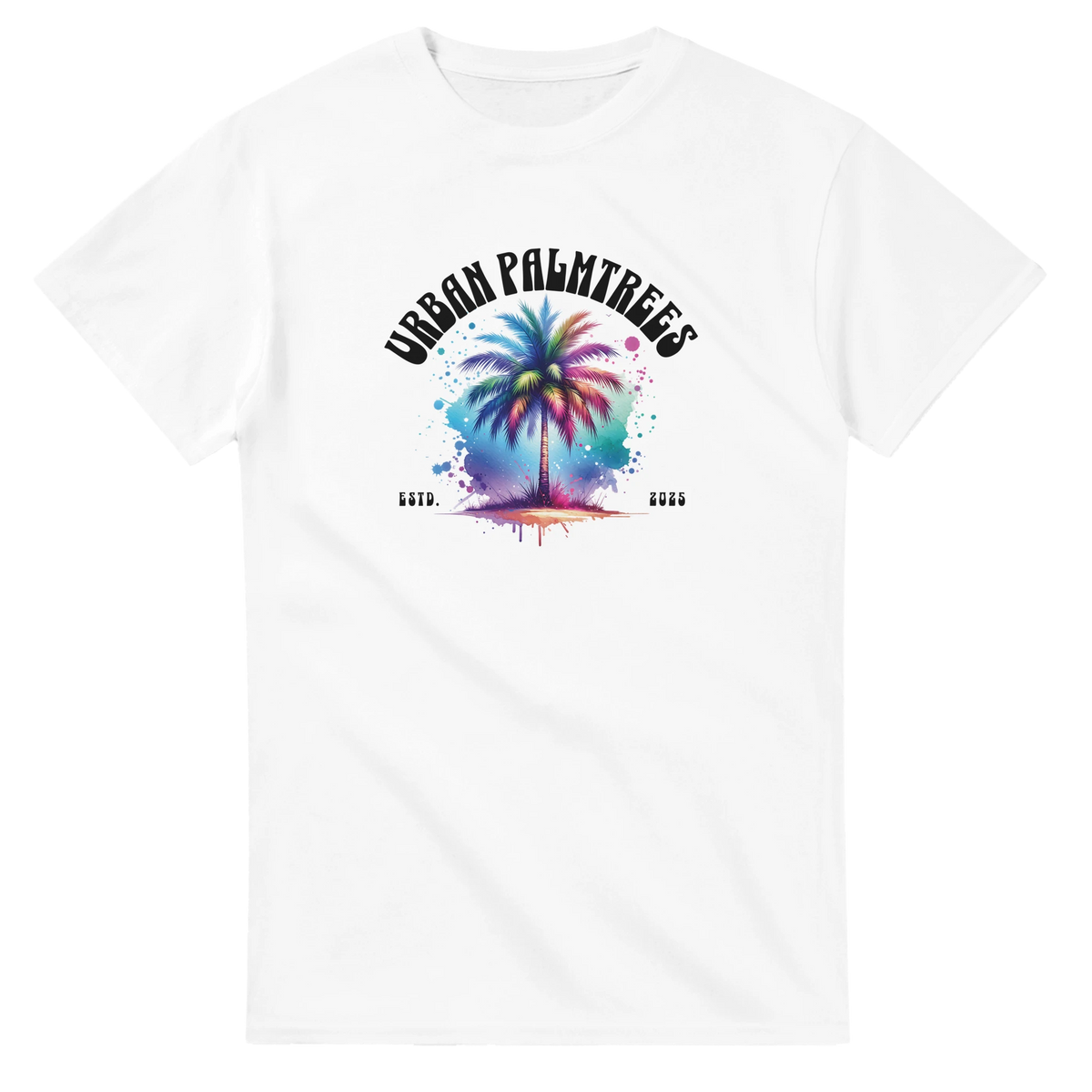 Urban Palm Trees T-shirt for Women with colorful palm tree artwork, retro streetwear summer vibe.