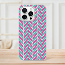 Pink and turquoise herringbone geometric iPhone case with matte finish for models 13-16.