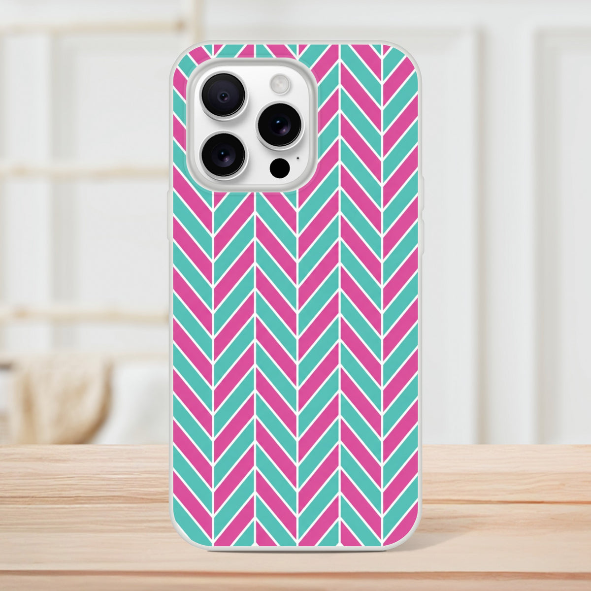 Pink and turquoise herringbone geometric iPhone case with matte finish for models 13-16.