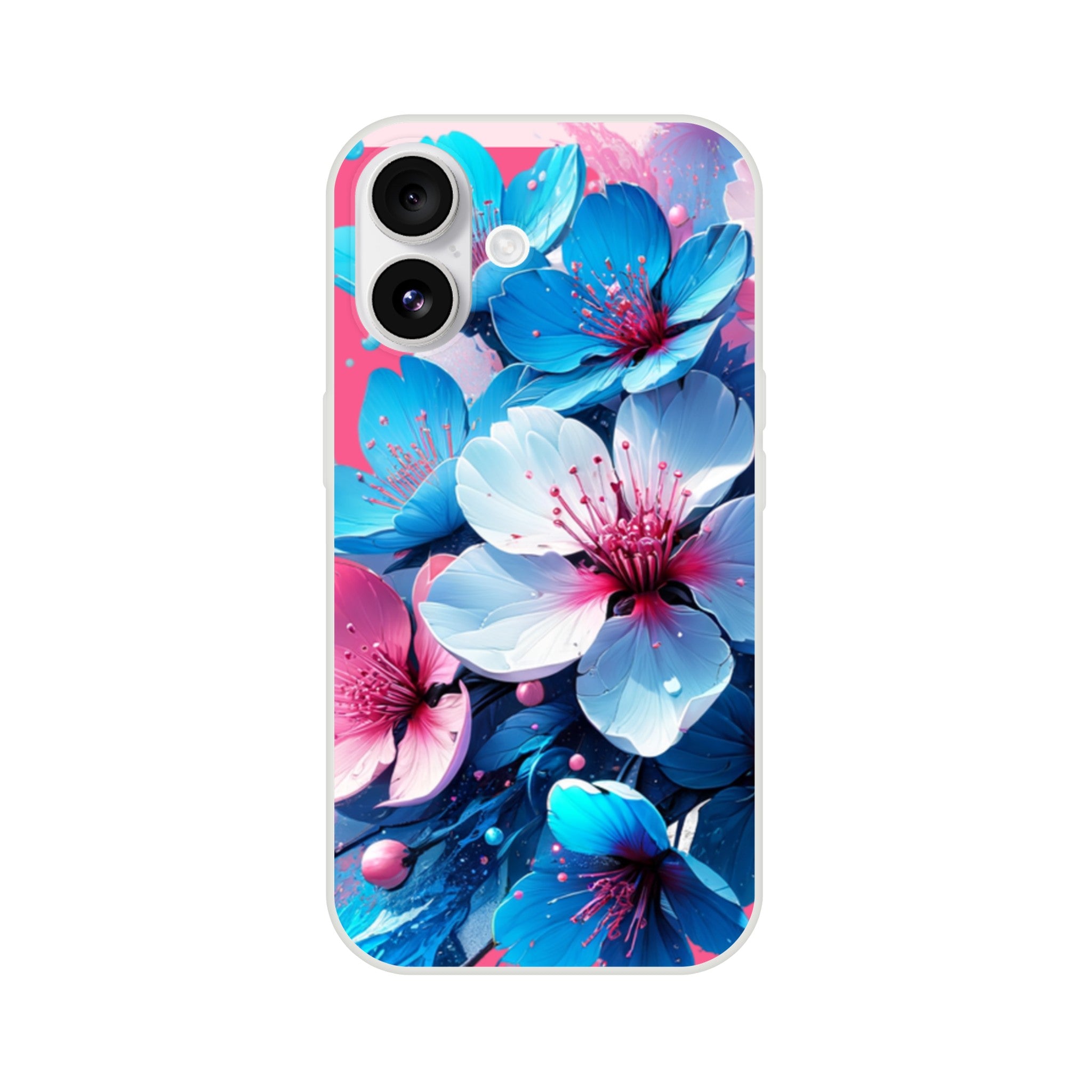 Blossom floral slim TPU case for iPhone 16, 15, 14, 13 in pastel blues and pinks.