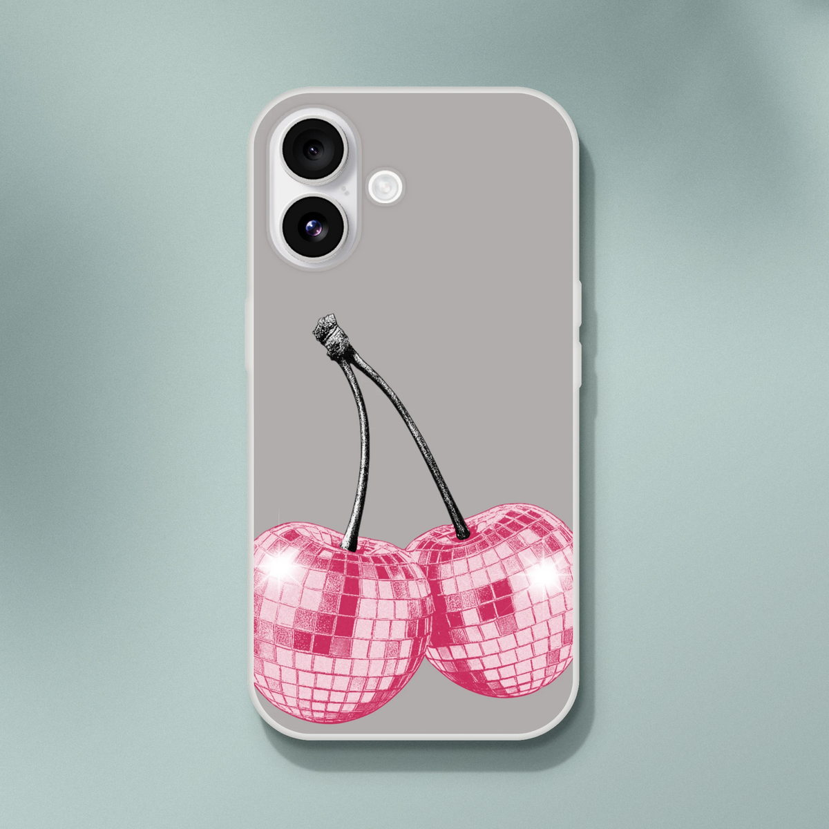 Y2K glitter cherries iPhone case for iPhone 13–16; slim matte, protective retro aesthetic cover