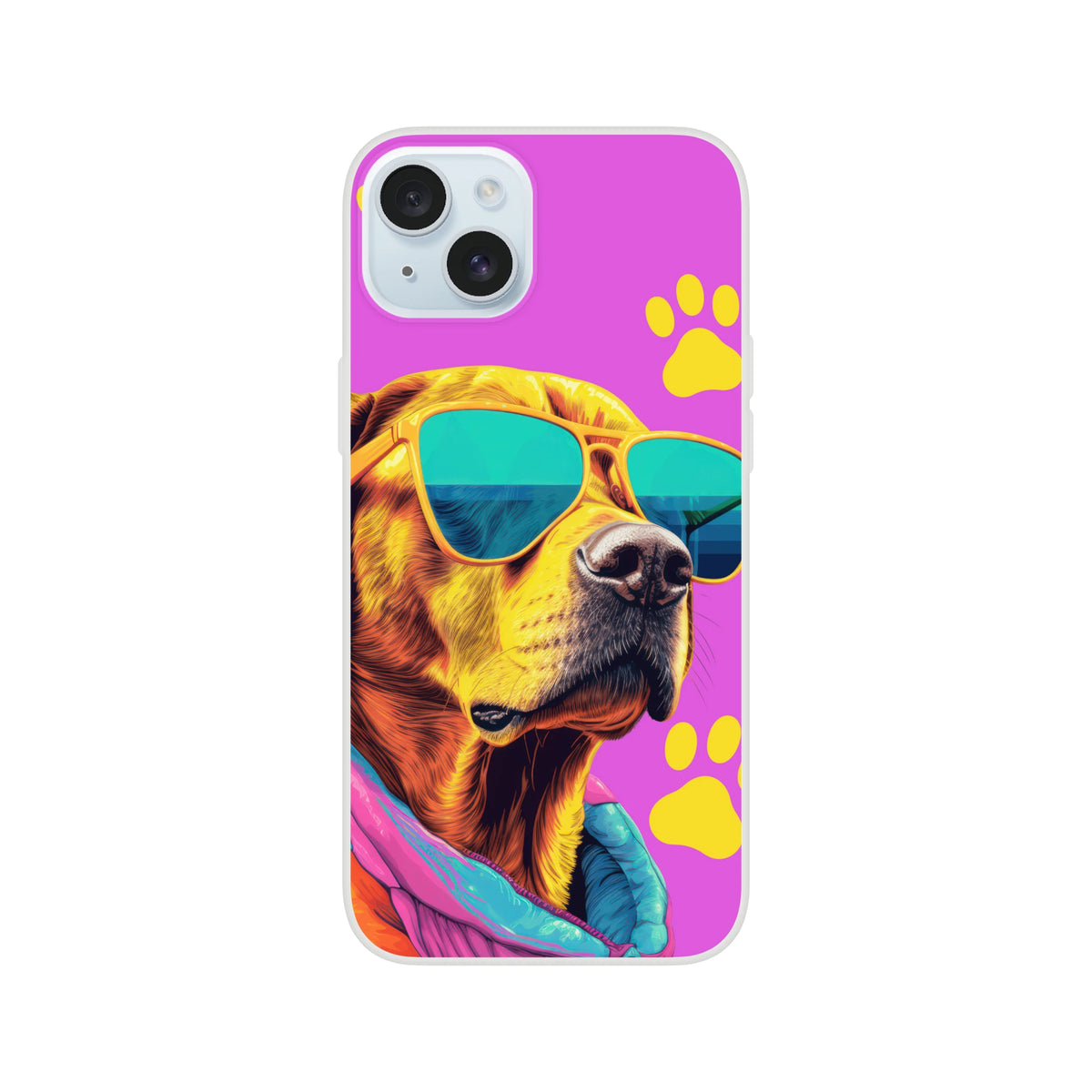 Trendy Dog iPhone Case (13-16) purple, yellow paw prints, dog wearing sunglasses illustration, funny aesthetic.