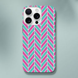 Pink and turquoise herringbone iPhone case with geometric chevron pattern and glossy finish for shock absorption.