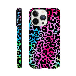 Rainbow leopard print tough iPhone case featuring vibrant pink, blue, and green animal print wraparound design for drop protection.