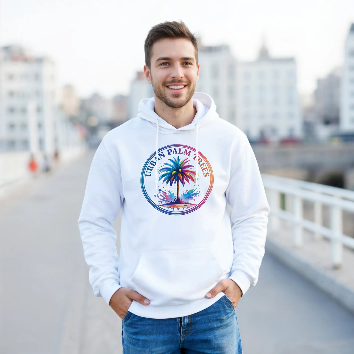 Man wearing white Urban Palm Trees hoodie with circular palm graphic, retro streetwear pullover.