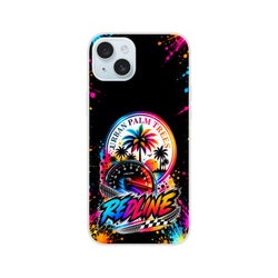 Redline iPhone case featuring Urban Palm Trees logo, tachometer, and colorful paint splatters on a black background.