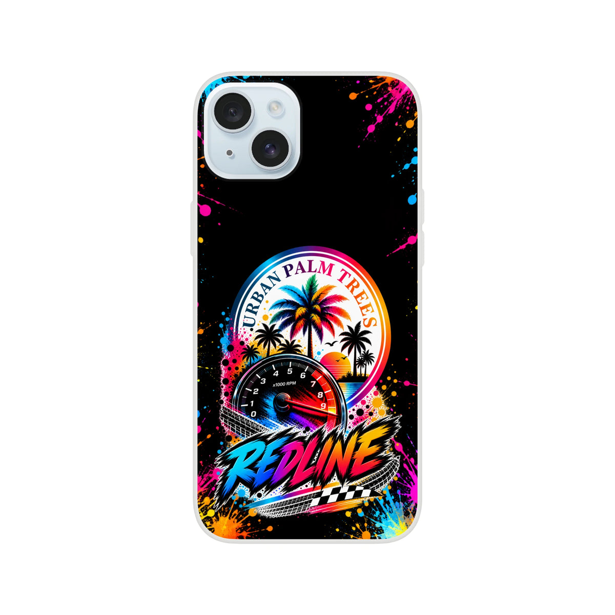 Redline iPhone case featuring Urban Palm Trees logo, tachometer, and colorful paint splatters on a black background.