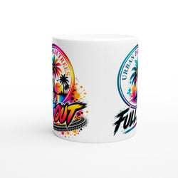 White ceramic mug featuring colorful "Flat Out" graffiti text, palm trees, tire tracks, and retro sunset designs for car enthusiasts.