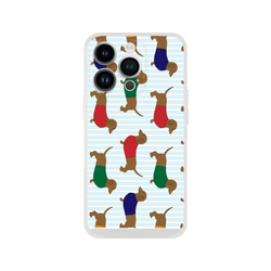 Dachshund pattern iPhone case featuring multiple sausage dogs in colorful pants on pale blue stripes.