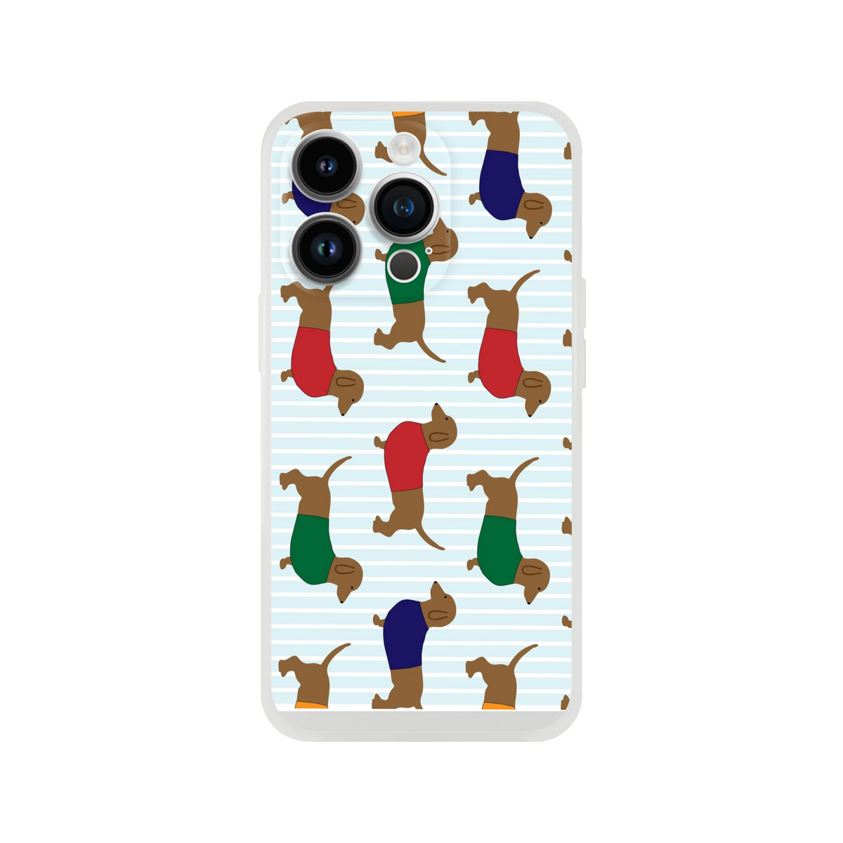 Dachshund pattern iPhone case featuring multiple sausage dogs in colorful pants on pale blue stripes.