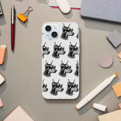 Clear iPhone case with a repeating gangster dog pattern; slim protective Flexi Case for iPhone 13–16.