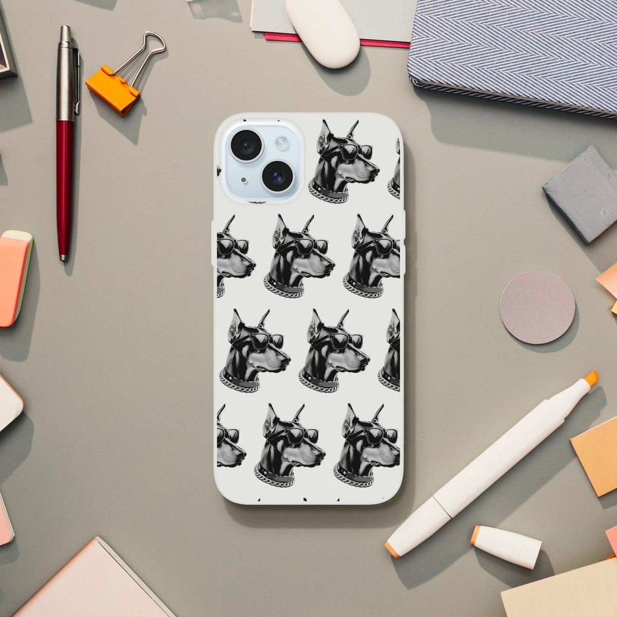 Clear iPhone case with a repeating gangster dog pattern; slim protective Flexi Case for iPhone 13–16.