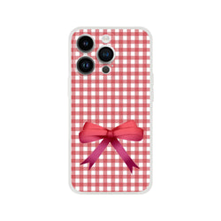 Red gingham bow iPhone case for 13-16, cute coquette aesthetic with bow accent.