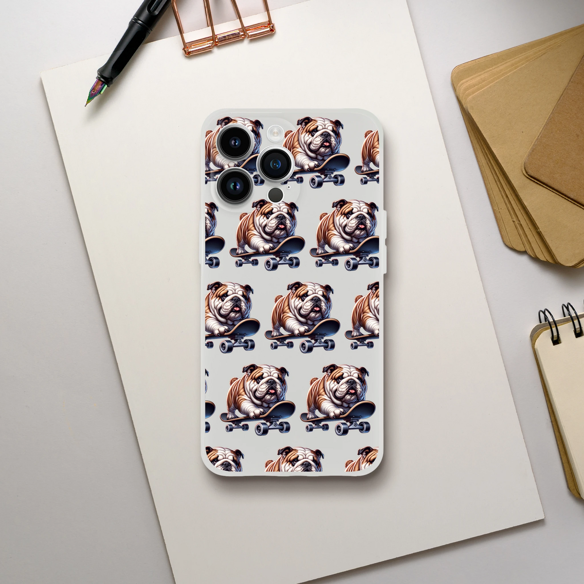 Bulldog skateboard pattern transparent iPhone case, slim protective cover for iPhone 13-16.