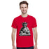 Red men's T-shirt featuring Statue of Liberty DJ graphic spinning on a mixer.