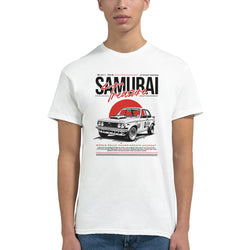 Japanese JDM men's graphic T-shirt in white cotton blend with vintage rally car print.