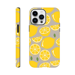 Cute yellow lemon tough iPhone case featuring a bold citrus pattern on a grey background with durable drop guard handling.