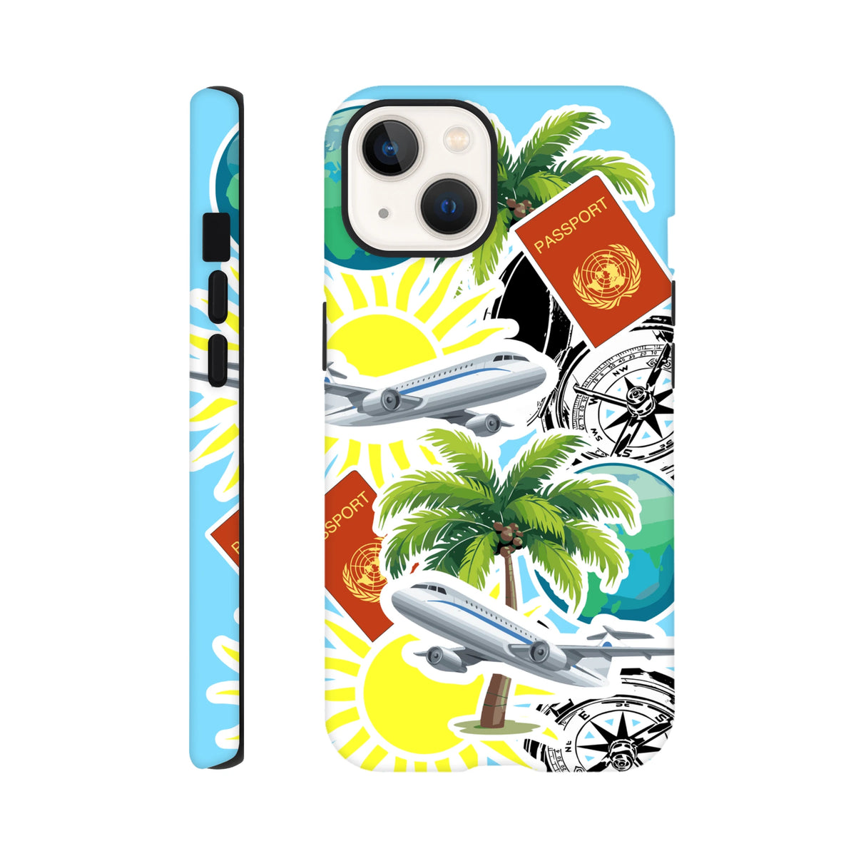 Travel sticker iPhone case featuring palm trees, airplanes, passports, and compasses for island vibes and shock protection.
