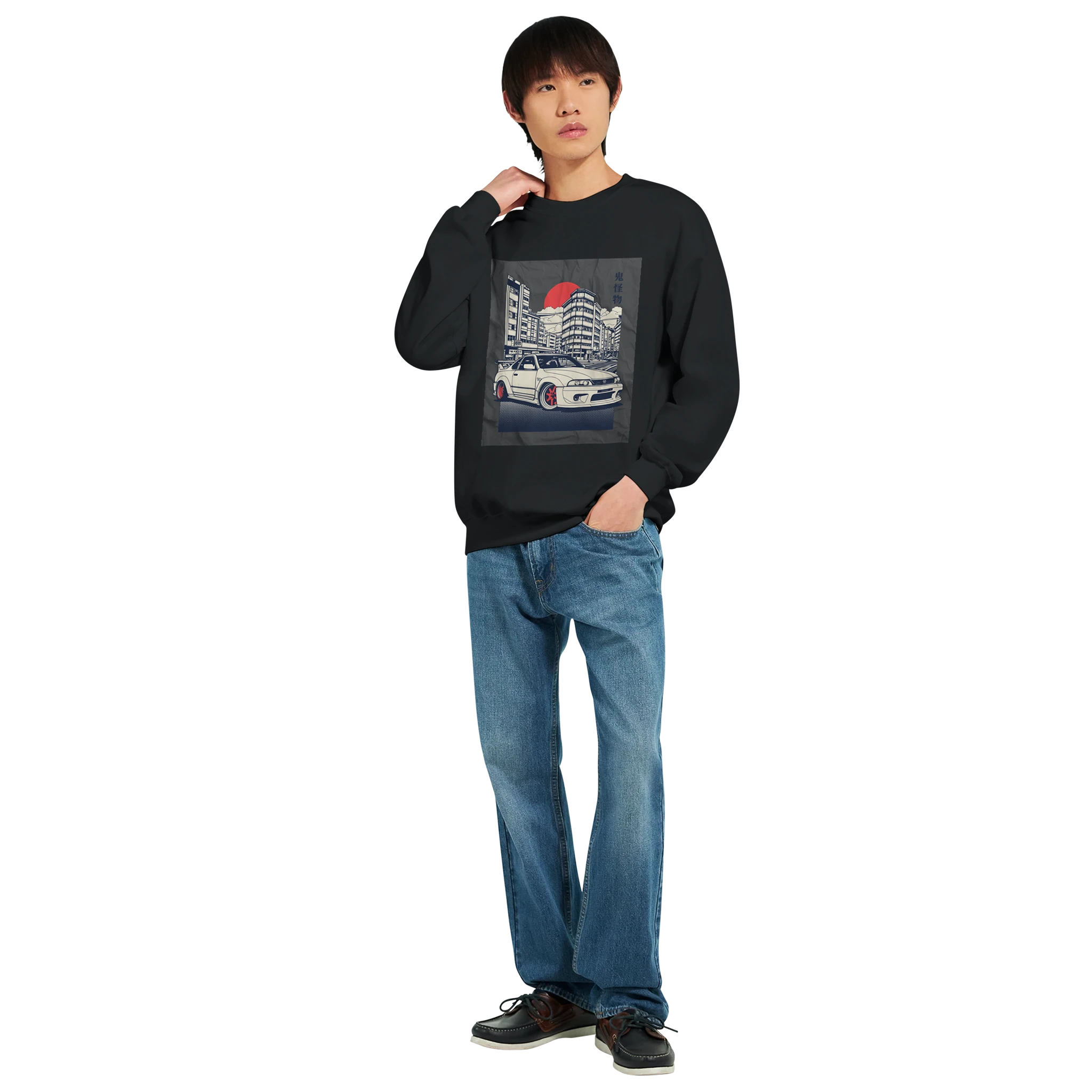 Model wearing Car Jumper JDM Sweatshirt with cityscape and sports car graphic on black cotton blend