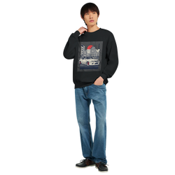 Model wearing Car Jumper JDM Sweatshirt with cityscape and sports car graphic on black cotton blend