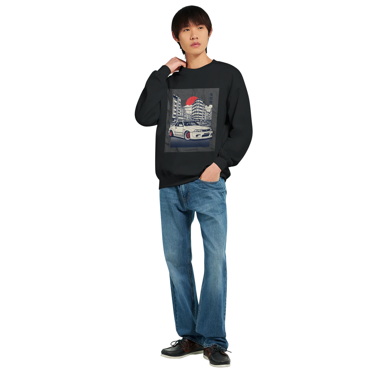 Model wearing Car Jumper JDM Sweatshirt with cityscape and sports car graphic on black cotton blend