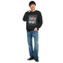 Model wearing Car Jumper JDM Sweatshirt with cityscape and sports car graphic on black cotton blend