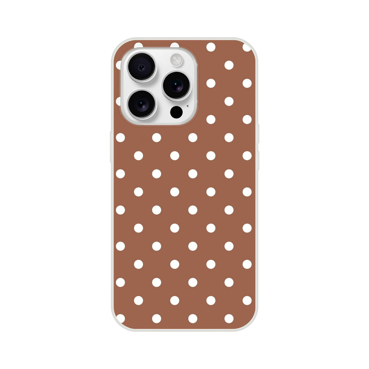 Retro brown and white polka dot iPhone case with matte finish and shock-absorbing TPU protection for models 13-16.