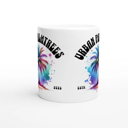 Urban Palm Trees Mug with retro aesthetic, colorful palm fronds and splash accents on white ceramic.