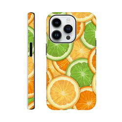 Durable iPhone case featuring a vibrant wraparound print of sliced oranges and limes. Tough shock-absorbing TPU protection fits iPhone 13-16 models.