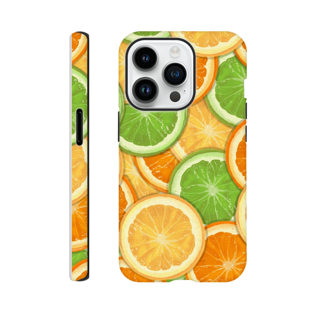 Durable iPhone case featuring a vibrant wraparound print of sliced oranges and limes. Tough shock-absorbing TPU protection fits iPhone 13-16 models.