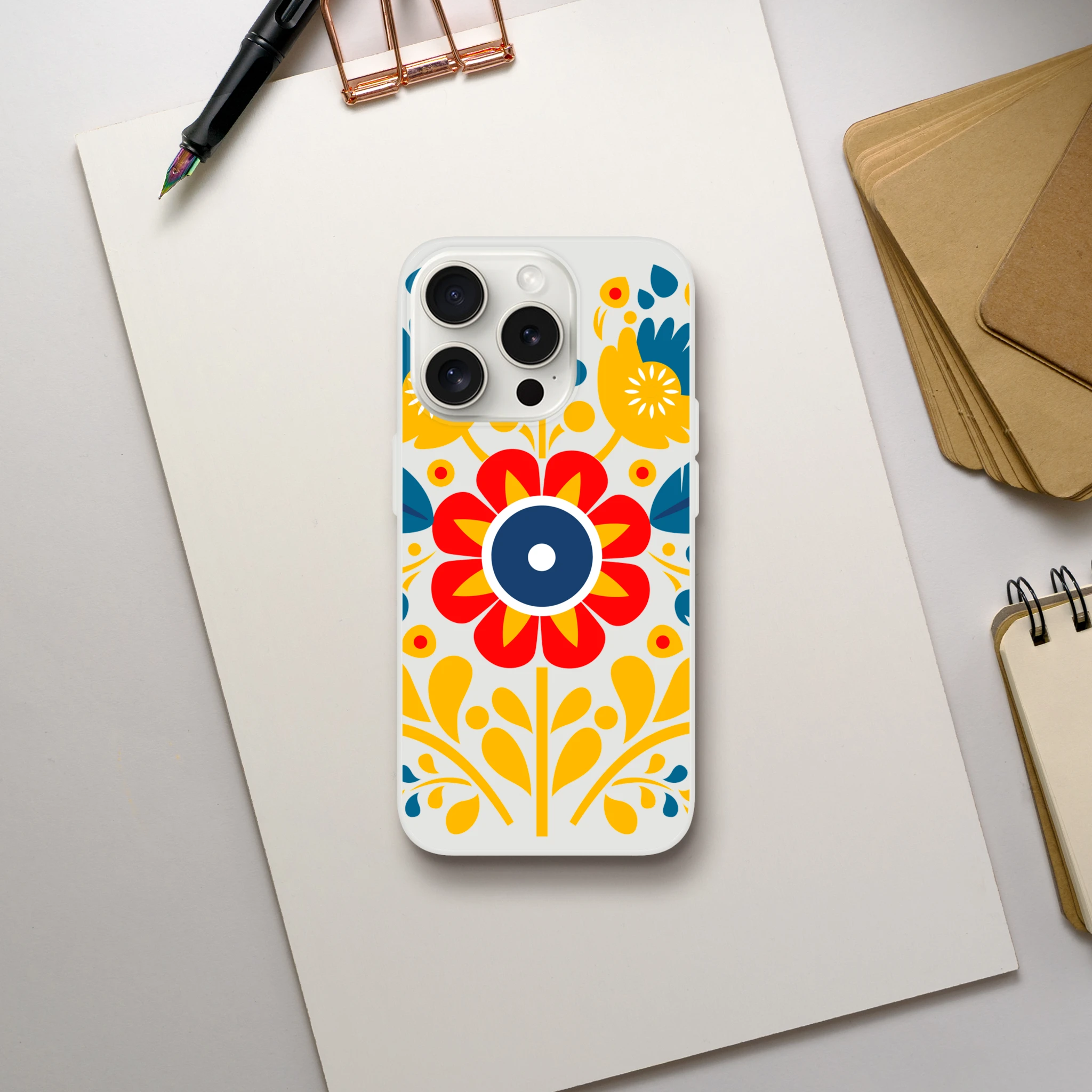 Floral slim protective case for iPhone 13–16 with frosty transparent texture and bold colorful flower print.
