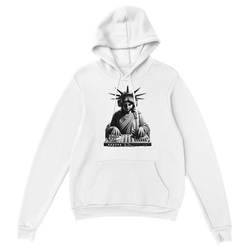 Liberty DJ men's graphic hoodie: white cotton-poly blend, Statue of Liberty DJ with turntable artwork, sizes S-XL