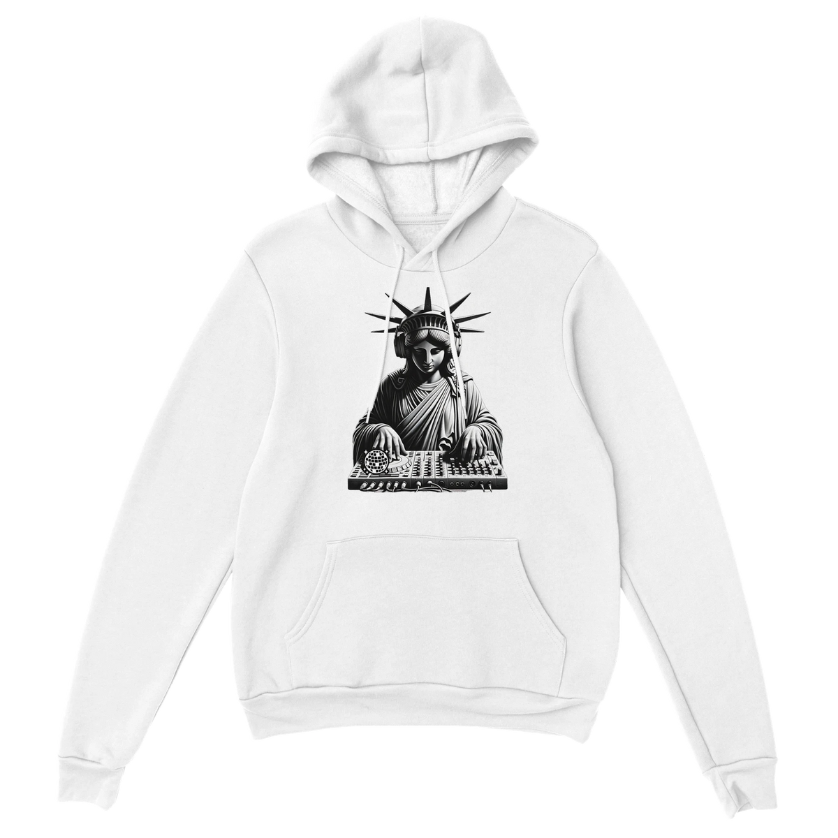 Liberty DJ men's graphic hoodie: white cotton-poly blend, Statue of Liberty DJ with turntable artwork, sizes S-XL