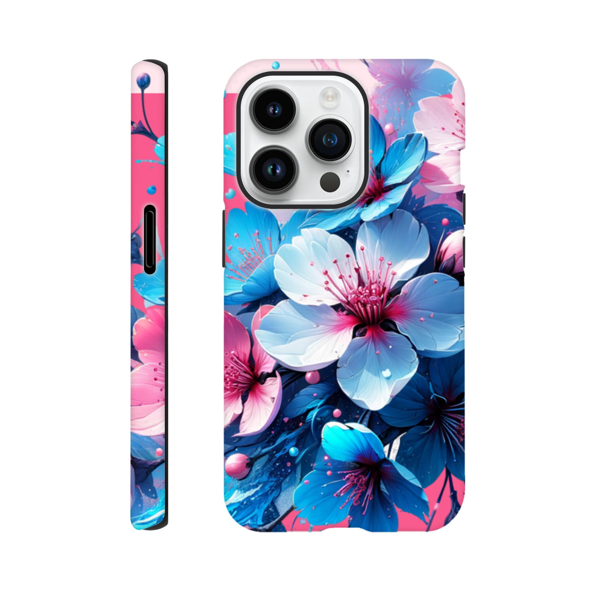 Vibrant blue and pink floral iPhone case featuring bold blossom art, designed as a tough streetwear phone cover for iPhone 13-15 models.