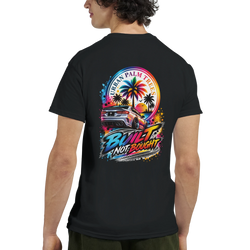 Black men's t-shirt featuring colorful "Built Not Bought" graphic with modified car, palm trees, and sunset design.