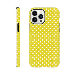 Yellow and white polka dot tough iPhone case for models 13-16. Cute vintage-inspired cover with impact-absorbing TPU protection and precise button access.