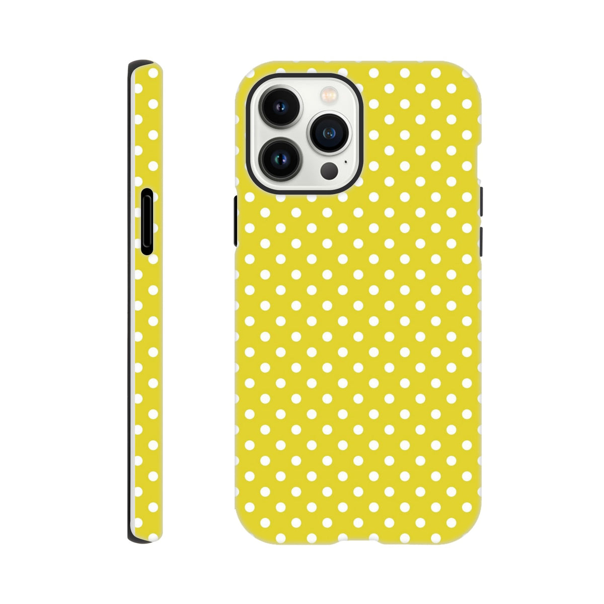 Yellow and white polka dot tough iPhone case for models 13-16. Cute vintage-inspired cover with impact-absorbing TPU protection and precise button access.